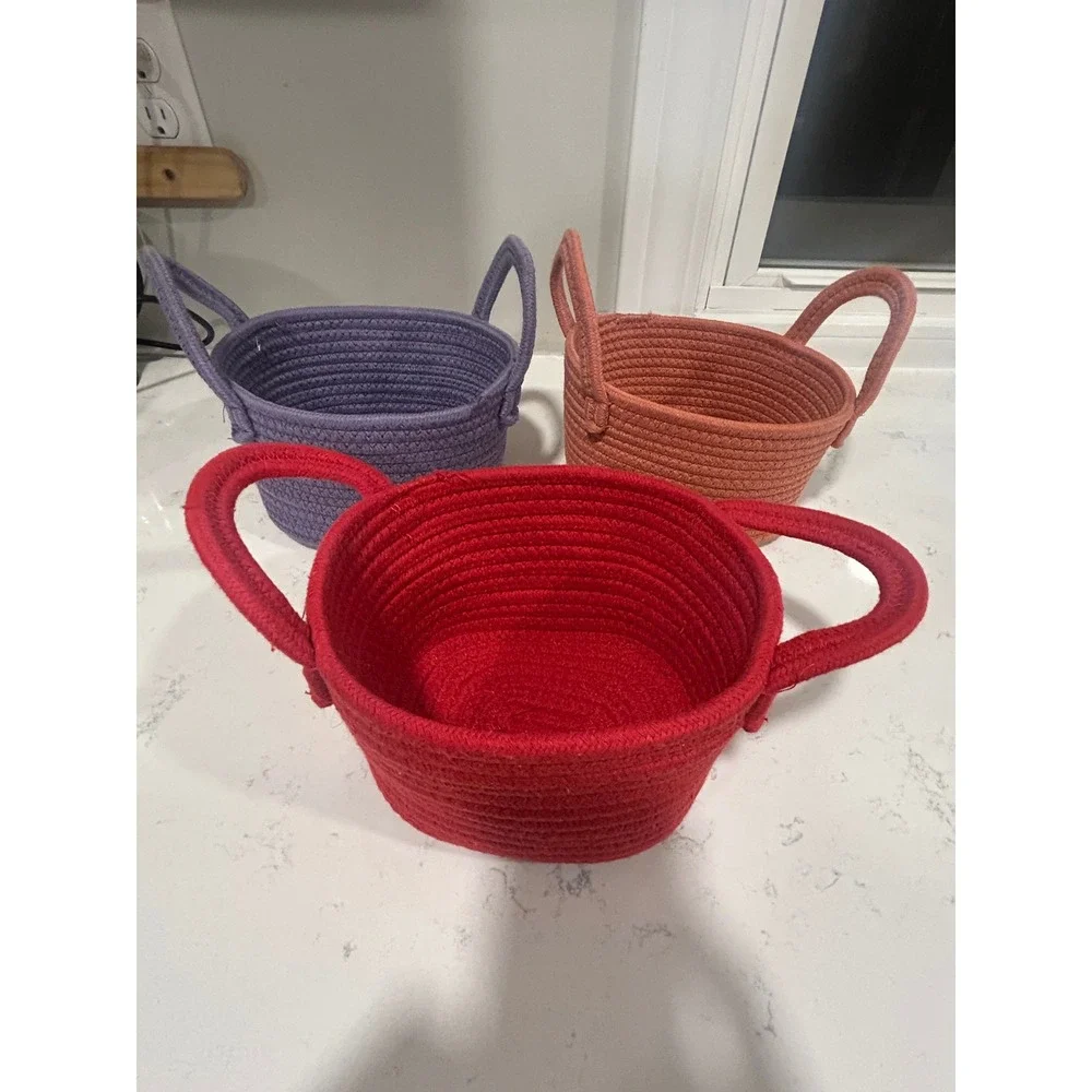 Set of 3 Woven Cotton Rope Baskets Small Oval Storage Bins w/ Handles Multicolor